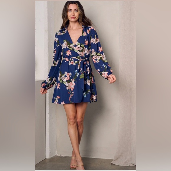 NAVY LONG SLEEVE SURPLICE SELF TIE FLORAL MINI DRESS - Picture 3 of 5
